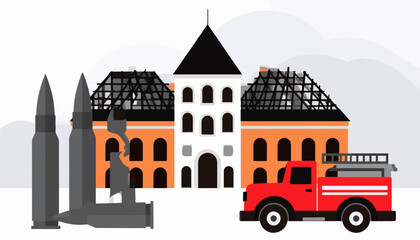 Naklejka premium Buildings aflame, bullets and a fire truck indicate a catastrophic event