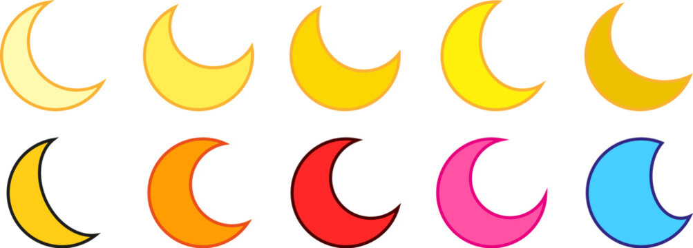Colorful crescent moon shape collection with creative flat solid celestial badge template labels for night theme design