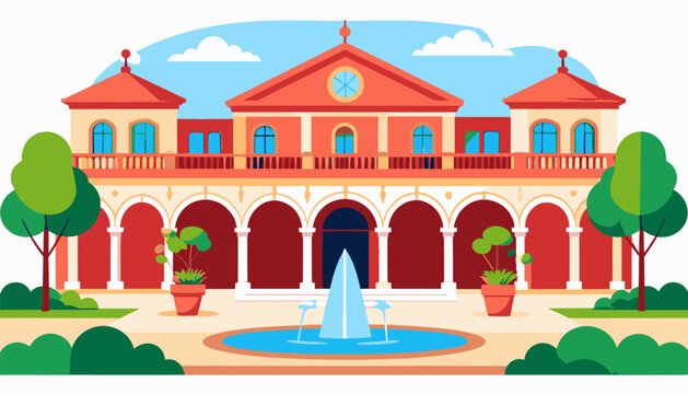 An ornate, arched building with a central courtyard fountain and trees