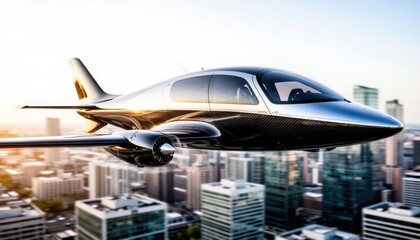 Fototapeta premium An eVTOL air taxi hovers above a bustling city. The sleek air taxi showcases modern technology against the skyline filled with skyscrapers.