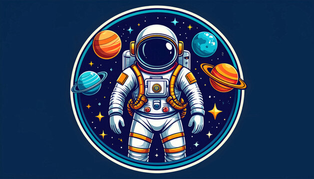 Astronaut in space with planets and stars illustration.