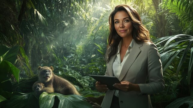 woman scientist in rainforest with monkeys