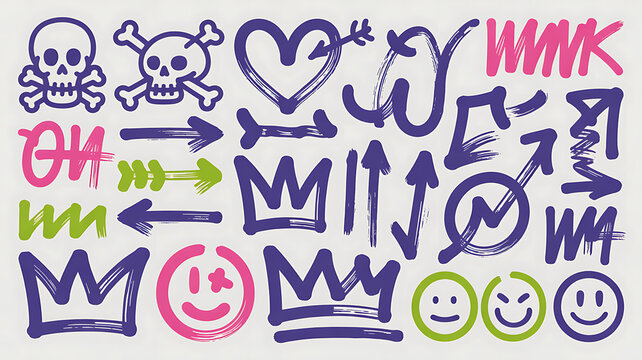 Street art graffiti elements set featuring skulls hearts crowns smiley faces and arrows for urban style graphic projects.