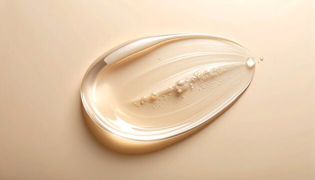 Transparent Cosmetic Serum Droplet Resting on Soft Beige Background