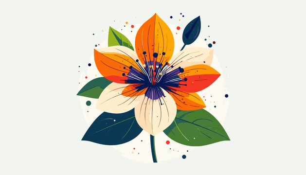 Abstract illustration of a vibrant multi-colored flower with leaves and splatters