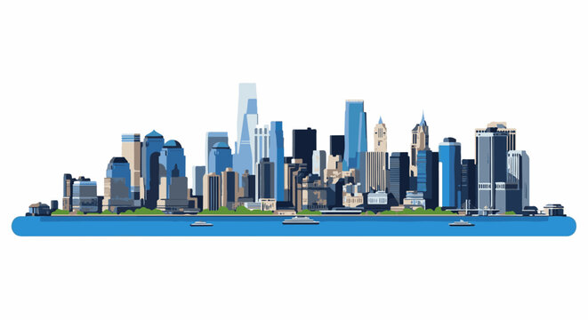 Abstract flat illustration of a modern city skyline with tall buildings over a blue water body