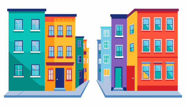 A vibrant cityscape illustration with colorful, modern buildings lining streets