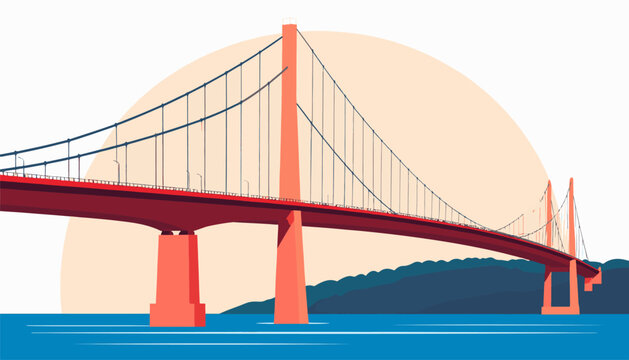 A stylized, flat illustration of a large, red suspension bridge over blue water