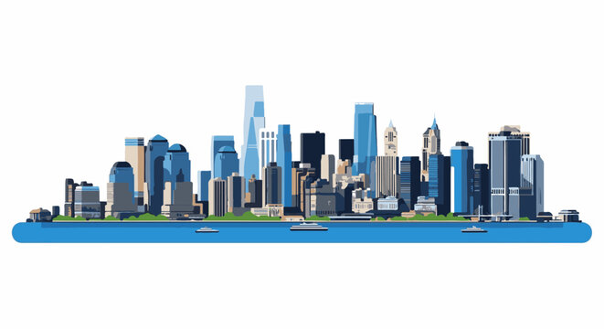 A stylized, flat design cityscape featuring a diverse collection of tall buildings