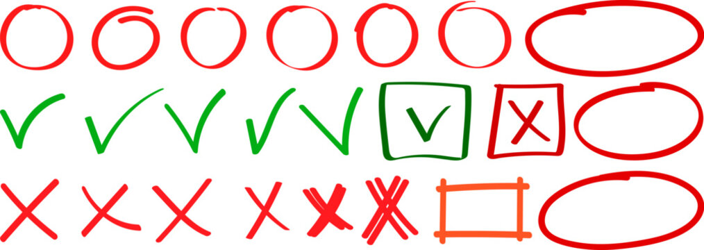 Colorful hand drawn check mark and cross symbol collection with red scribble circle line highlighting brush strokes