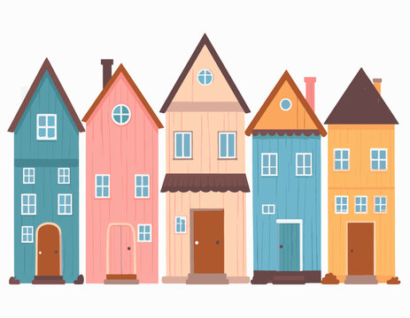 A row of colorful, cartoonish houses with various window and door designs