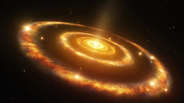 Illustration of a bright protoplanetary disk around a young star in deep space