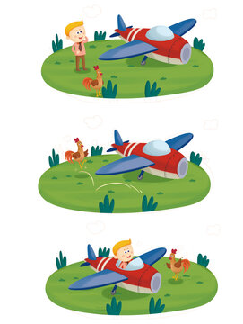 A boy and a rooster saw a red airplane parked on a green lawn. The rooster wanted to jump onto the plane, but the boy went into the cockpit. The rooster, however, refused and became angry.
