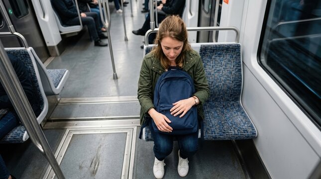 Young woman sitting in a subway train holding a blue backpack. Commuter traveling on public transport