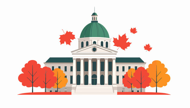 A grand building with columns and a dome, surrounded by autumn trees and falling leaves