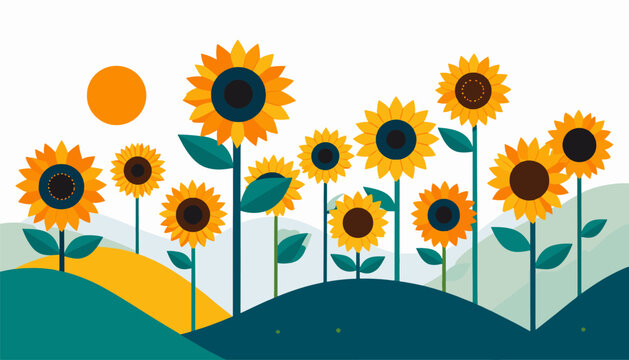 Stylized illustration of a field of sunflowers with a bright sun