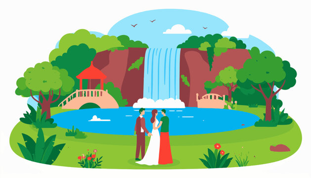 A couple stands by a serene lake with a waterfall and gazebo in a lush park