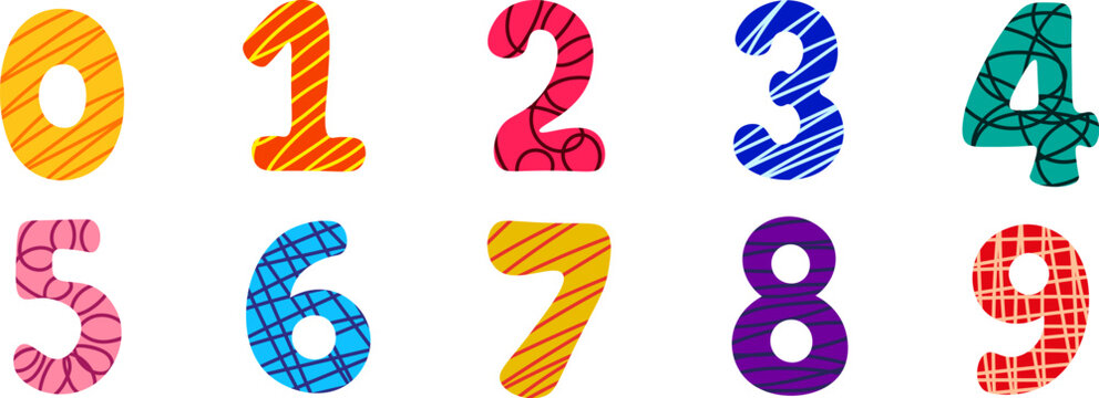 Colorful hand drawn math number set from zero to nine with abstract scribble patterns for kids education poster