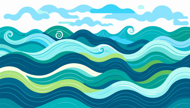Stylized ocean waves with abstract clouds above