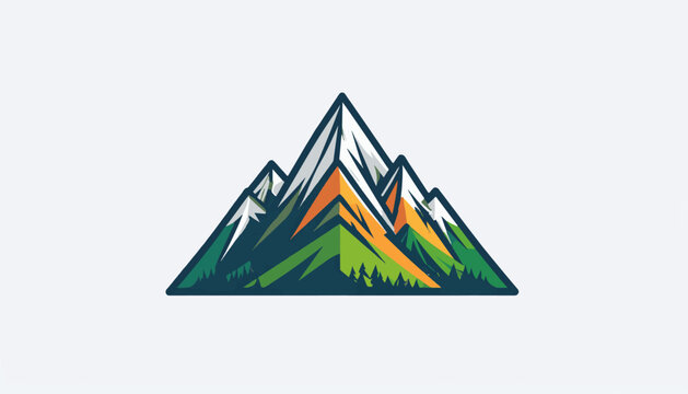 Stylized mountain range with snow-capped peaks and forest