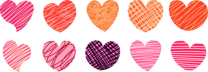 Colorful heart shapes collection with various hand drawn scribbled and hatch patterns for romantic greeting card design elements © Satou Akira