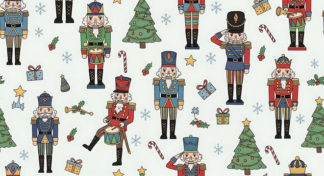 Colorful Nutcracker Soldier Pattern Arranged with Christmas Tree and Gift Motifs