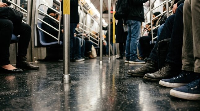 Commuters standing and sitting inside a subway train. Urban public transportation scene with passengers in a metro carriage