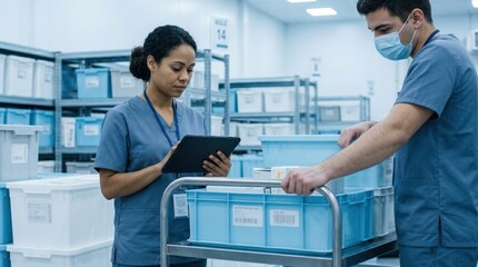Healthcare workers managing medical supply boxes in clean storage warehouse. Concept of hospital logistics, pharma inventory, supply chain, and stock control.