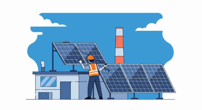 Worker installs solar panels at a facility with a tall chimney