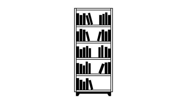 A black and white illustration of a bookshelf.