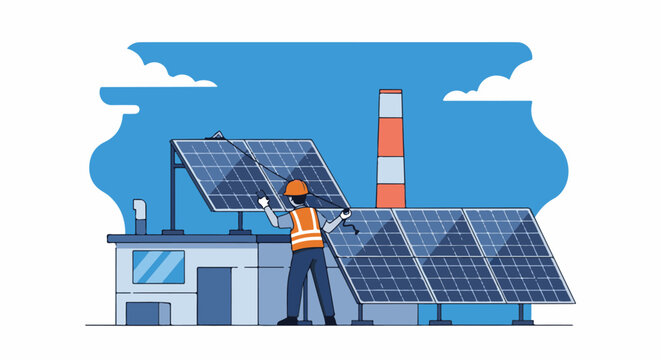 Worker installs solar panels near a factory smokestack