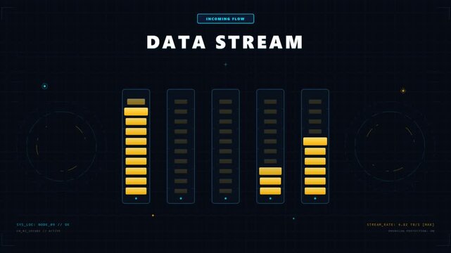 Futuristic data stream animation with animated bar graphs