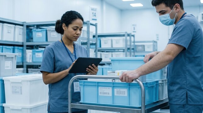 Healthcare workers managing medical supply boxes in clean storage warehouse. Concept of hospital logistics, pharma inventory, supply chain, and stock control.