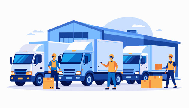 Workers load boxes onto delivery trucks outside a warehouse under a stylized sky