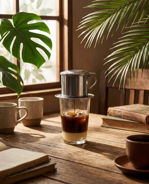 Traditional Vietnamese Iced Coffee Dripping Through Phin Filter in Cozy Tropical Interior
