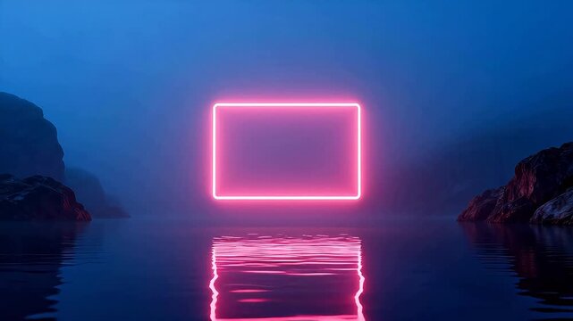 Neon pink rectangle over water with rocks