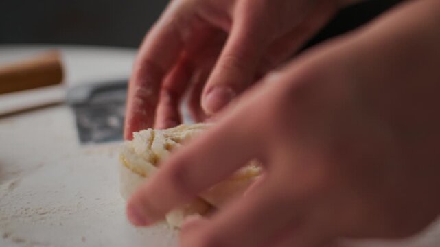 Close-up of hands shaping dough on floured surface. Fingers press and mold dough with care and focus. Soft lighting highlights texture and movement. Ideal for cooking, baking