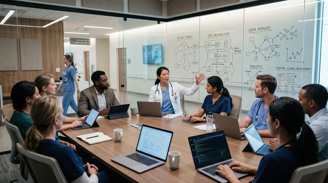 Medical team planning digital clinic ecosystem in healthcare conference room. Concept of health data modules, EHR architecture, analytics, and hospital workflow.