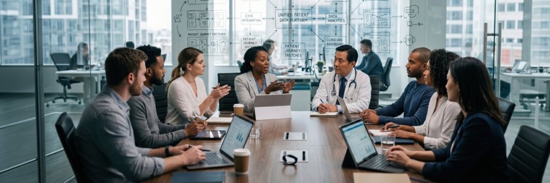 Healthcare strategy team discussing unified patient data platform in boardroom. Concept of EHR integration, patient journey, analytics, and medical software. Banner