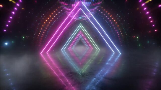 Abstract geometric neon tunnel with glowing diamond shapes and colorful lights creating a futuristic and vibrant atmosphere