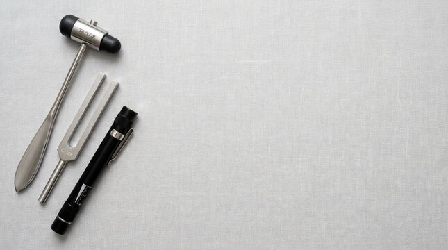 Medical diagnostic instruments including a reflex hammer, tuning fork, and penlight laid out on a textured surface