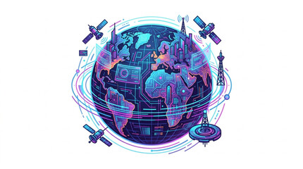 Digital Earth with Satellites and Futuristic Cityscape. © andi