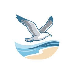 Obraz premium Stylized seagull soaring above blue water and beach.