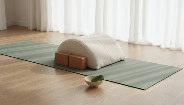 Yoga pose equipment setup with bolster and cork blocks on a green mat in a bright home studio for a restorative mental health and stress relief concept