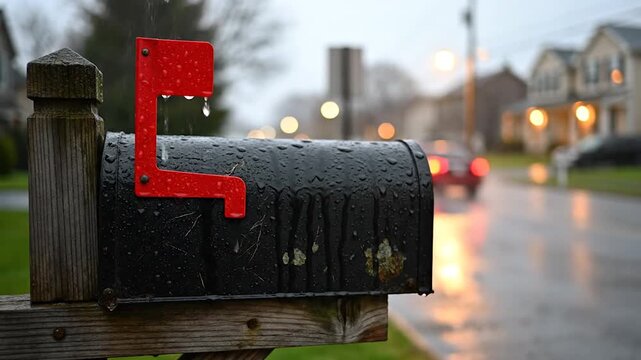 Black mailbox with red flag covered in raindrops on a suburban street during a rainy evening