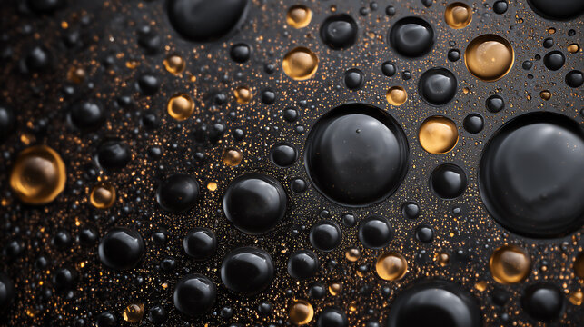 Glossy black and gold liquid droplets clustered on a dark speckled surface for luxury interior design backgrounds and premium product mockups