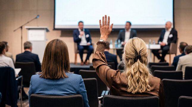 Audience member raises hand to ask question during conference discussion in a large meeting room in the afternoon