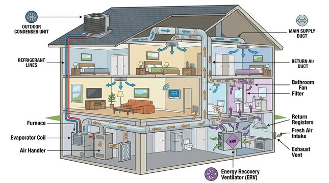 HVAC system diagram in a residential house cross-section. Home heating ventilation and air conditioning illustration. Energy recovery ventilator and furnace components in a 3D cutaway