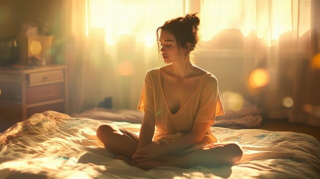 woman sitting on bed in sunlight