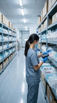 Masked medical warehouse worker scanning supply bins with barcode reader. Concept of pharmacy inventory, hospital stock control, cold storage, and tracking.